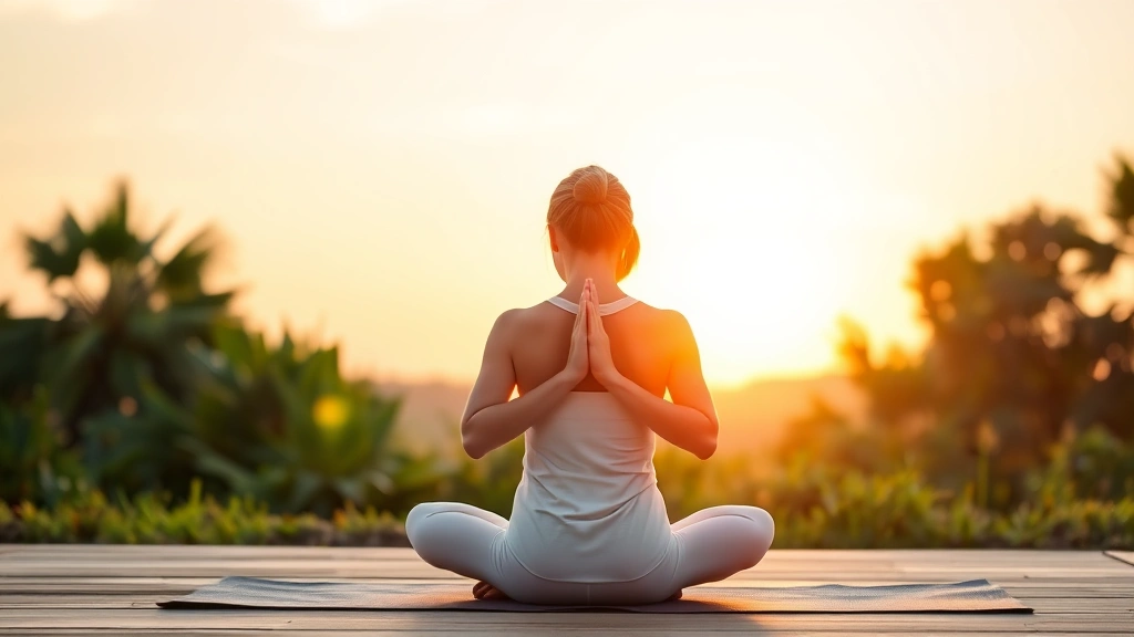 Person in meditation posture on yoga mat at sunrise, peaceful expression, calm natural setting with greenery, serene mindfulness
