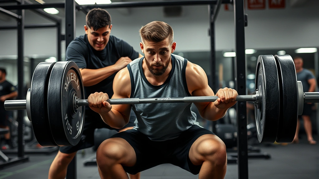 Strength training session showing college football player performing heavy barbell squat with coaching staff spotting, intense focused expression, professional weight room environment, powerful explosive movement