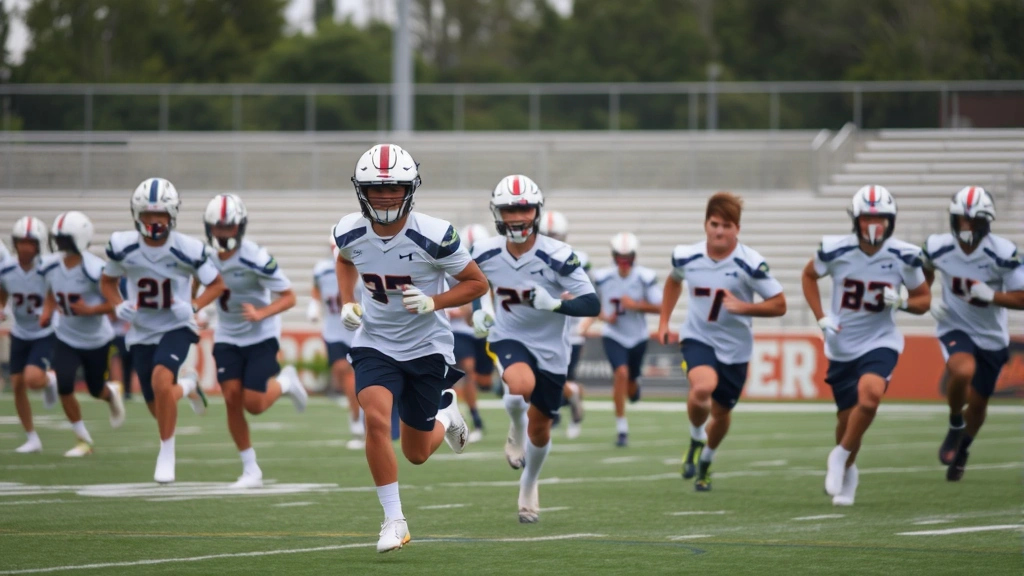 College football players performing high-intensity interval training sprint drills on outdoor field, multiple athletes running at maximum speed, professional athletic field, dynamic movement and athletic intensity