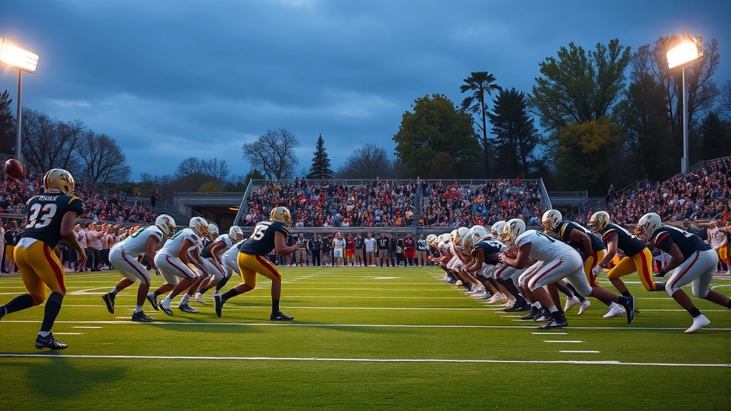 College football stadium during game, teams lined up at line of scrimmage, quarterback in passing motion, defensive pressure visible, stadium lights illuminating field, autumn afternoon lighting