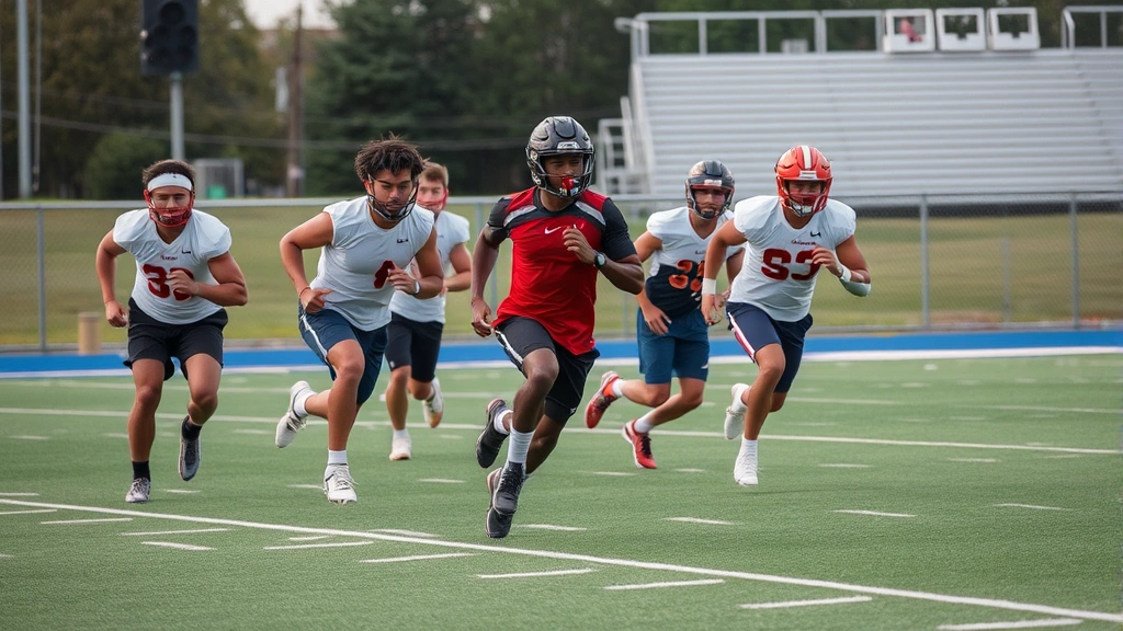 Diverse group of college football athletes performing high-intensity sprint drills on synthetic field surface during conditioning session, demonstrating anaerobic capacity and repeated sprint ability training