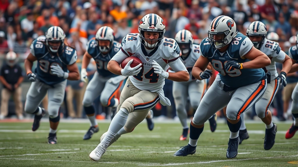 Football player rushing with ball while offensive linemen block defenders, crowd in background, intense athletic effort visible, stadium atmosphere, professional sports photography, action-oriented composition