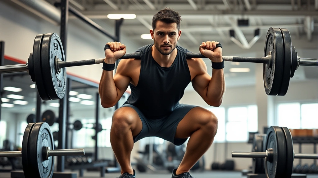 Elite male athlete executing perfect form during heavy barbell squat exercise in modern university strength training facility, illustrating functional strength development for football performance