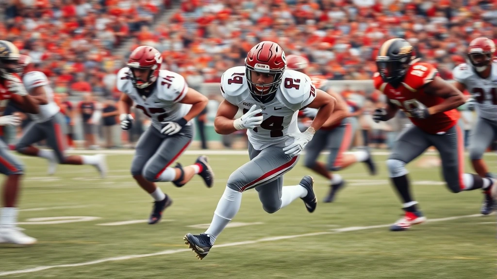 Running back breaking through offensive line with power, legs driving, defensive pressure visible, dynamic motion blur, game action