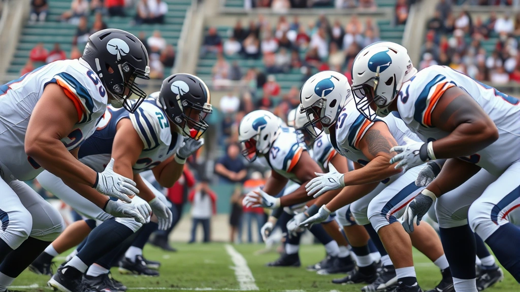Defensive line players in aggressive pursuit stance, gap integrity positioning, intense competition, athletic effort, stadium environment