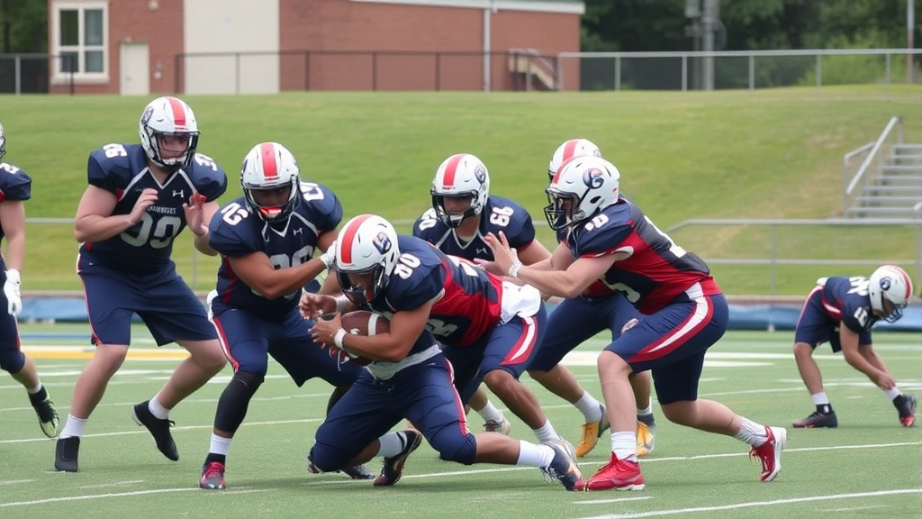 Team of high school football players executing defensive tackle drill, showing proper form and physical conditioning, outdoor practice field, multiple athletes engaged in technical execution