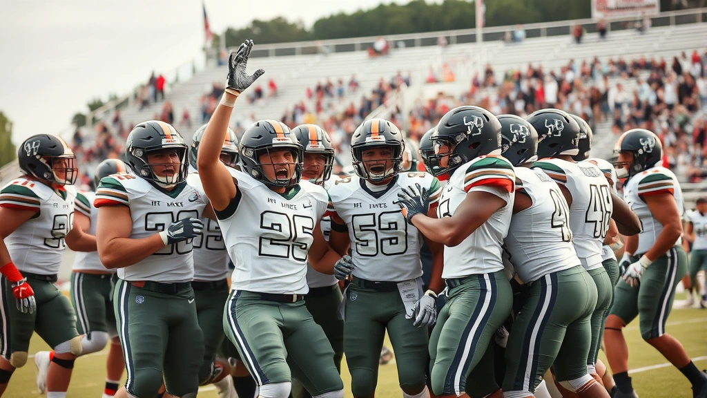 High school football team celebrating after scoring touchdown, showing team chemistry and motivation, stadium environment, players demonstrating emotional commitment and competitive intensity
