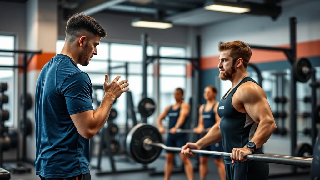 Strength and conditioning coach working with athletes in modern gym facility, barbell training, athletes performing compound lifts with proper form