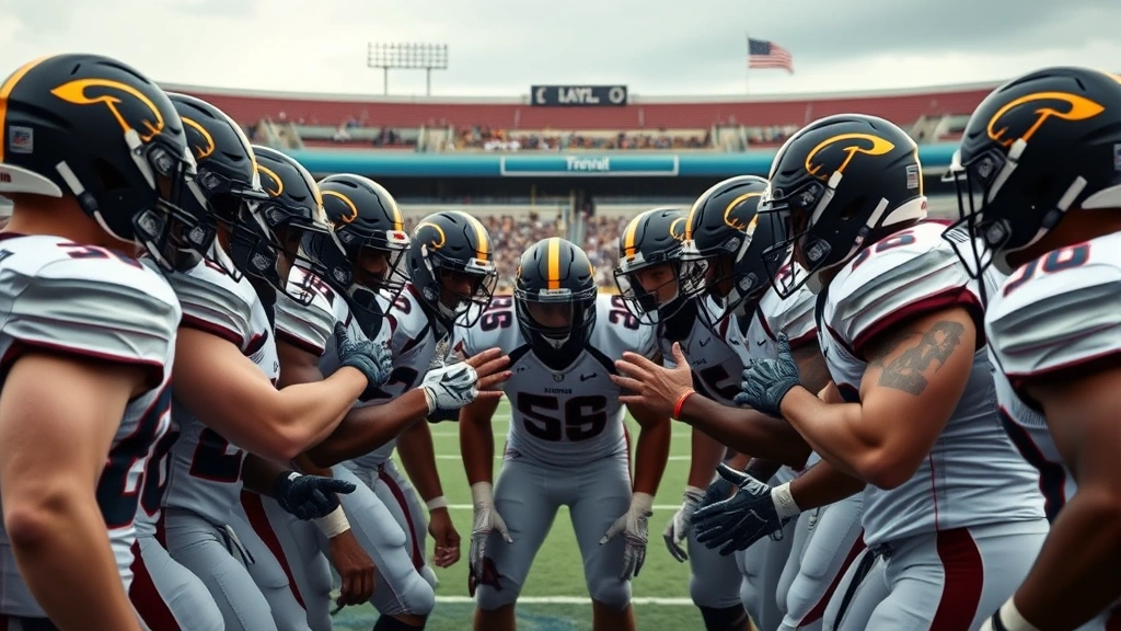 Team huddle of football players in defensive stance pre-snap, focused expressions, championship mentality, stadium environment, unified concentration