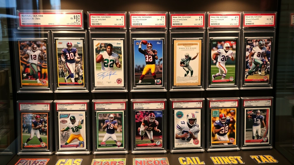 High-end sports memorabilia display case with multiple professionally graded football cards in protective slabs, organized collection showing vintage and modern cards, museum-quality presentation, warm accent lighting