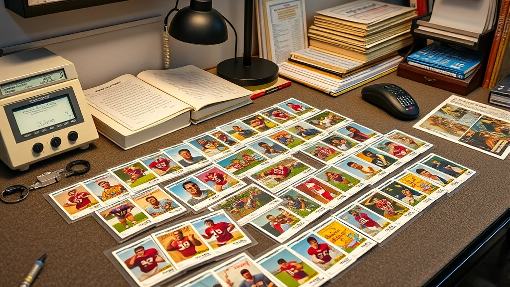 Collector's workstation with grading scale, magnifying tools, and vintage football cards spread across felt surface, professional authentication setup, organized collection management area with reference materials