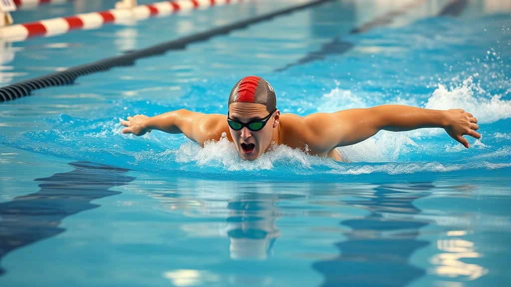 Male athlete swimming freestyle stroke in Olympic-size pool, muscular physique, water splashing, competitive training environment