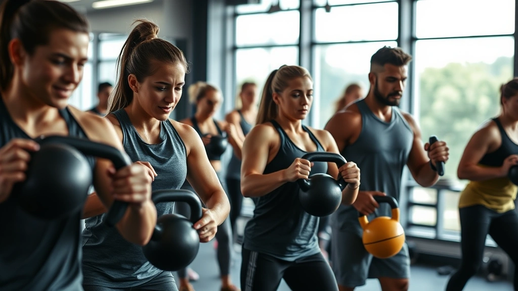 Group of diverse fitness enthusiasts performing metabolic conditioning circuit with kettlebells and medicine balls in modern gym, intense focused expressions
