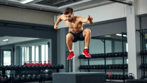 Athletic male football player performing explosive box jump in modern weight room with dumbbells and kettlebells visible in background, captured mid-jump with intense focus