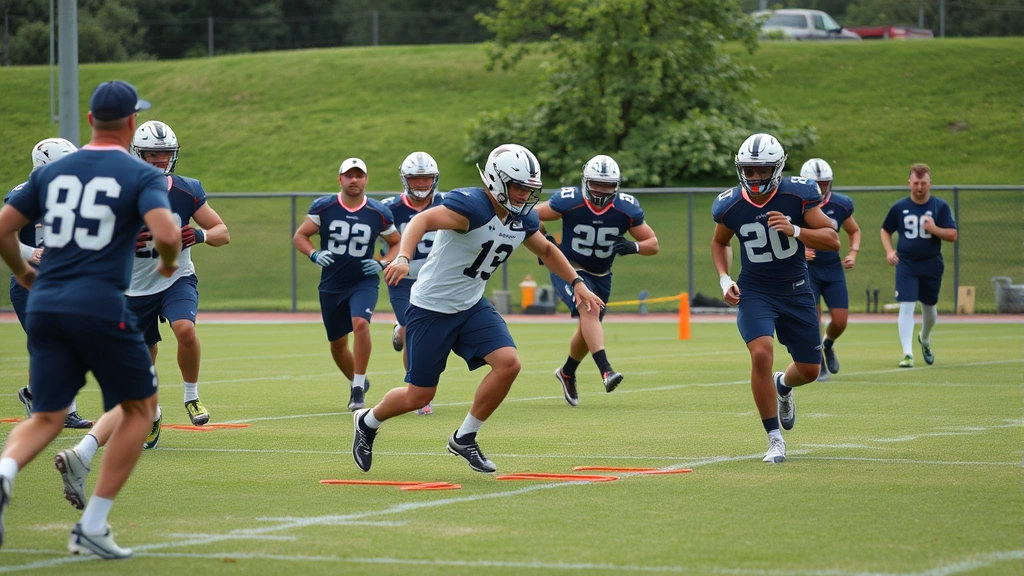 College football players performing dynamic lateral movement drills and agility ladder work on grass field during conditioning session, multiple athletes in motion