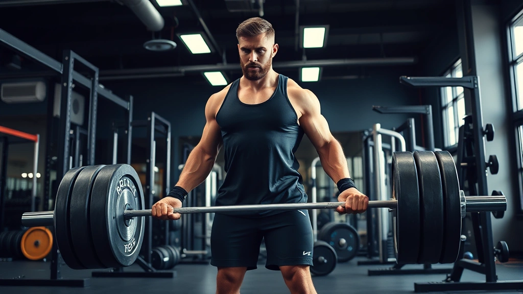 Young male athlete performing deadlift with heavy barbell in professional weight training facility, proper form and concentration, surrounded by strength training equipment