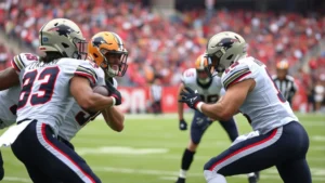 Professional football players in intense defensive position during game, showing athletic coordination and focus, stadium setting with blurred crowd background