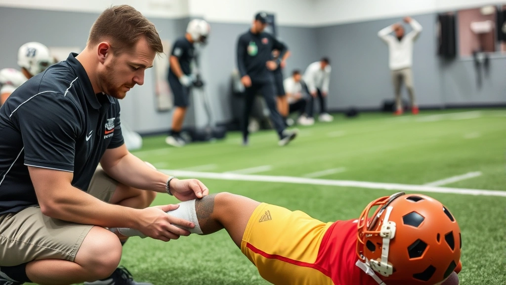Athletic trainer or sports medicine professional performing injury assessment on football player's leg, clinical setting with medical equipment, demonstrating injury prevention protocols