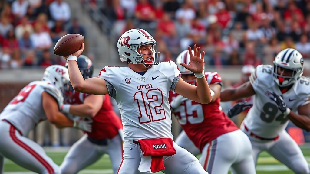 NAIA football quarterback executing perfect throwing form during game action, defensive players attempting to disrupt, dynamic motion capture showing athletic excellence and precision