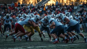 High school football players in intense defensive stance during playoff game, muddy field, evening stadium lights, aggressive tackling form, crowd blurred in background