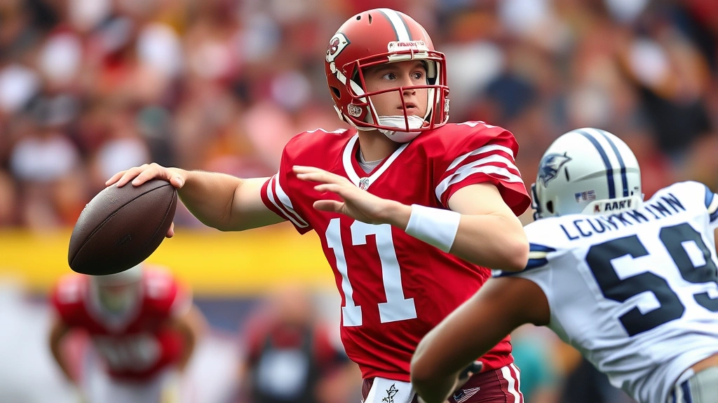 Young quarterback in red jersey executing perfect throwing form during playoff competition, defensive pressure visible, focused facial expression, clear field visibility