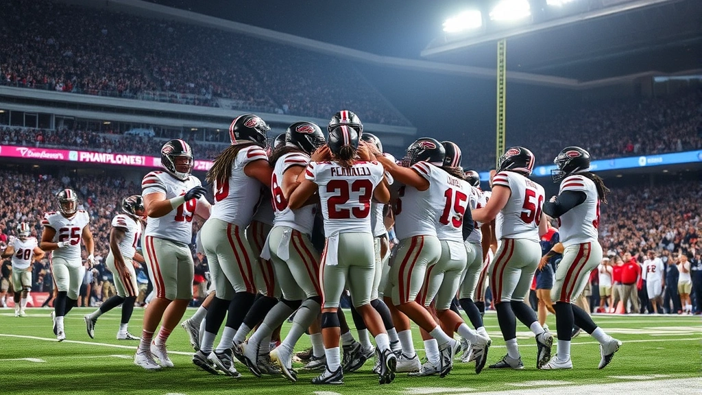 Football team celebrating victory after playoff win, players jumping and embracing on field, emotional celebration, stadium environment, championship atmosphere