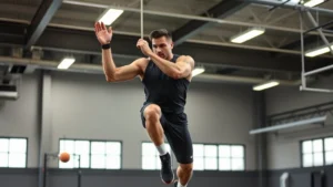 Muscular football player performing explosive vertical jump in modern training facility with force plates and athletic equipment visible, intense concentration on face, athletic wear, no logos or text visible