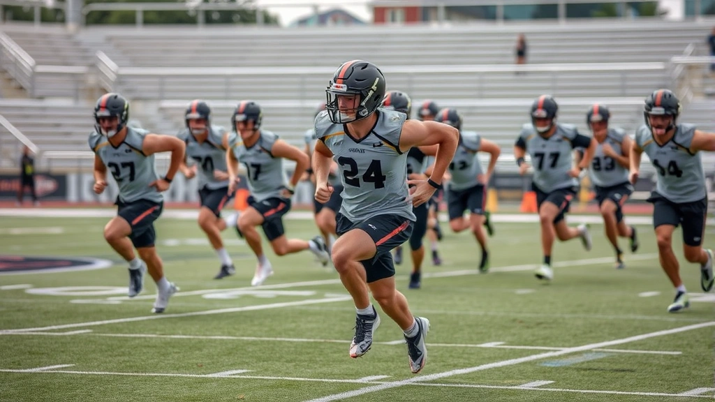 Team of football players engaged in high-intensity interval conditioning drill, sprinting across field with sweat visible, outdoor stadium setting, multiple athletes mid-sprint showing explosive effort and determination