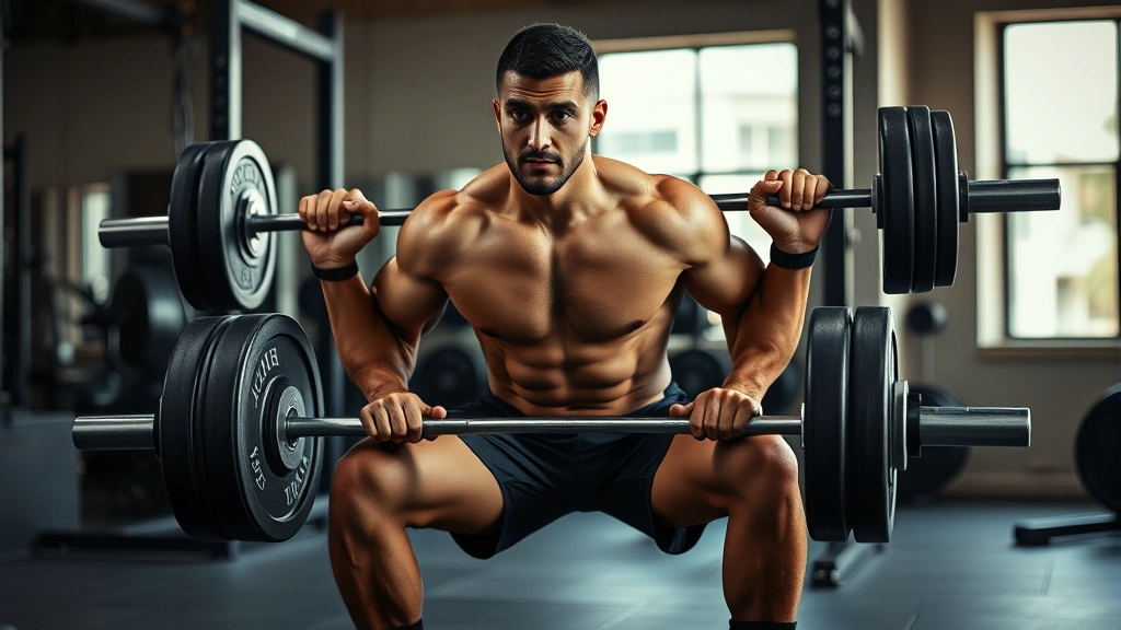 Shirtless football player performing heavy barbell squat exercise in weight room, perfect form with deep knee bend, concentrated expression, professional strength training environment with minimal visible equipment branding