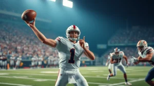 College football quarterback throwing a spiral pass during intense game action with defensive pressure visible, stadium lights in background, photorealistic action shot