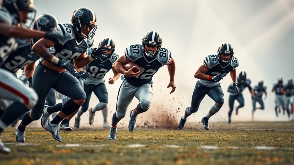 Running back bursting through offensive line gap with defenders pursuing, cleats digging into field, dynamic motion capture of explosive athletic movement