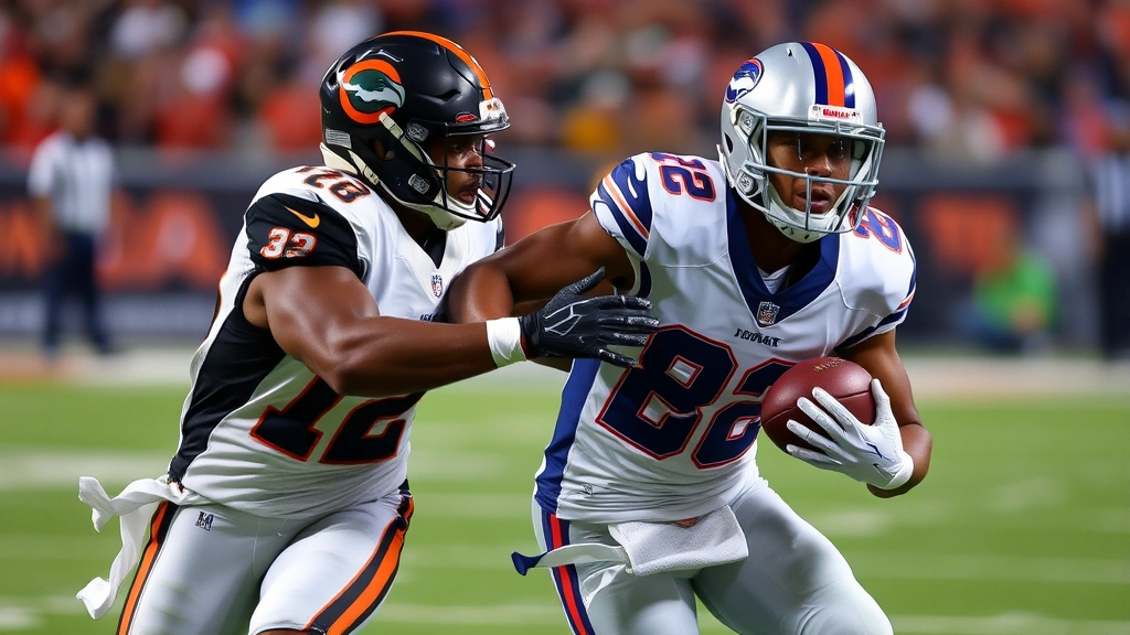 Defensive secondary cornerback in coverage position against receiver during football play, game-time intensity, professional athletic performance photography