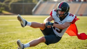 Athletic player executing sharp cutting movement with explosive footwork, low athletic stance, sharp directional change, grass field, midday lighting, intense focused expression, professional flag football uniform, dynamic motion captured