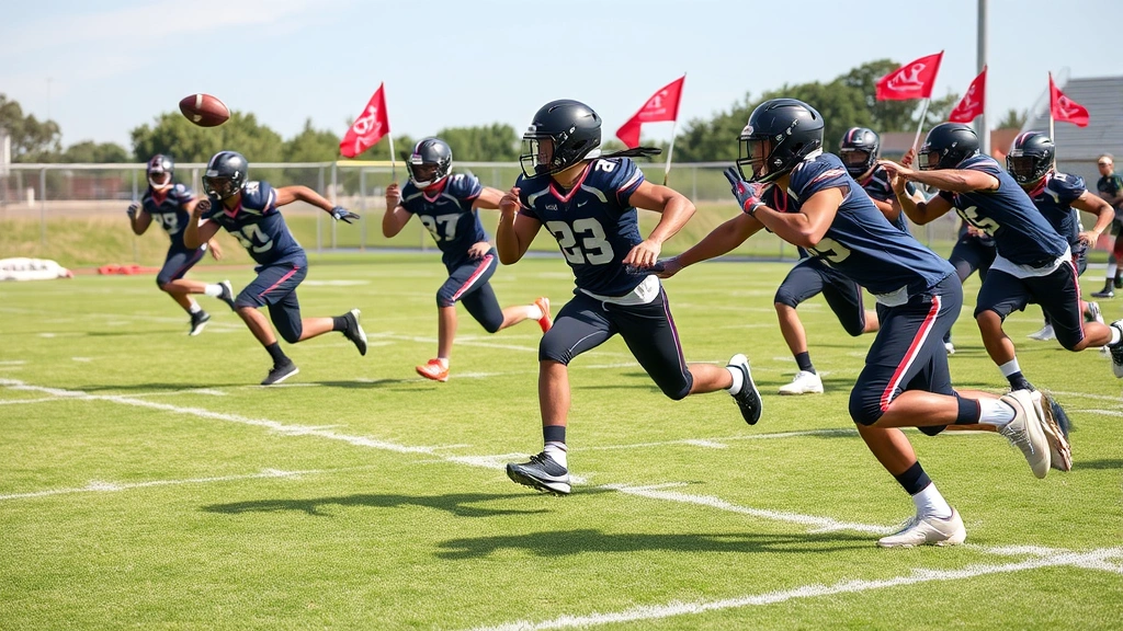 Flag football players running precise routes against defenders, multiple players showing different route patterns, mid-execution movements, outdoor grass field, clear sky, professional athletic wear, competitive game action captured