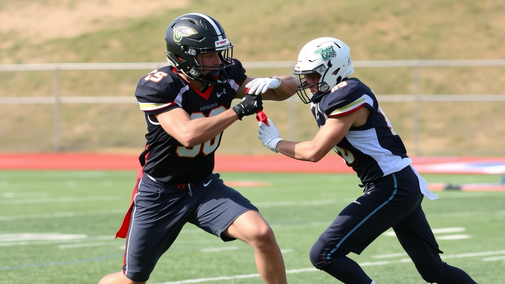 Defensive player executing perfect flag pull technique on ball carrier, clean form demonstration, proper body positioning, outdoor flag football field, natural lighting, athletic uniforms, moment of successful defensive execution