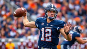 Dynamic college football quarterback in dark blue uniform throwing football mid-game with stadium crowd blurred background, athletic form and concentration visible