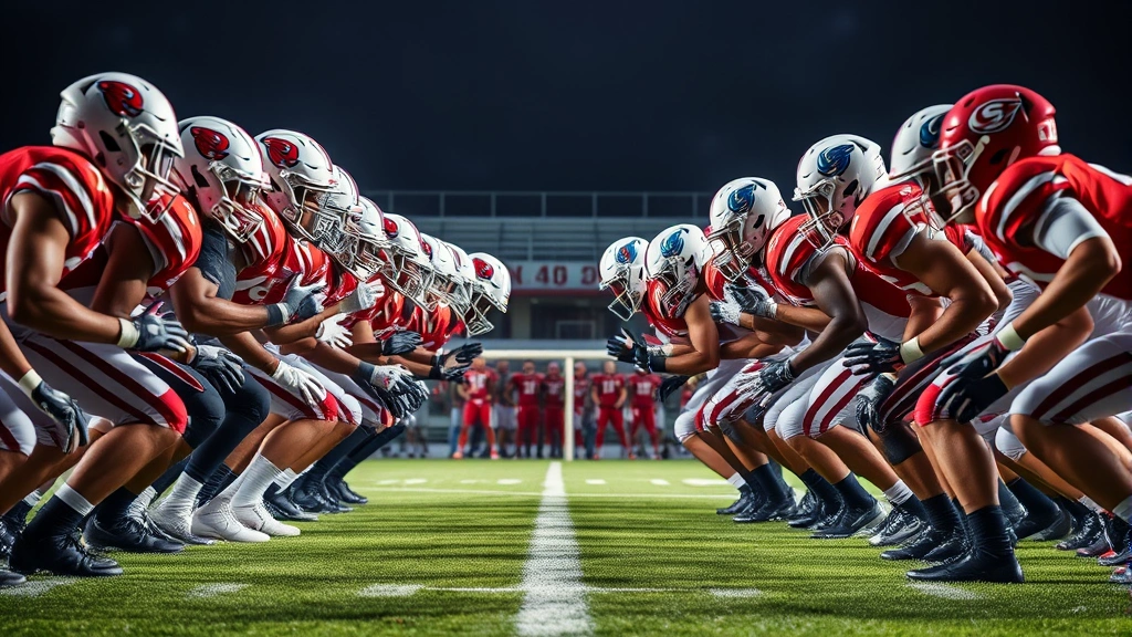 Intense defensive line collision between two college football teams, players engaging at line of scrimmage with perfect form and determination, stadium lights reflecting off helmets