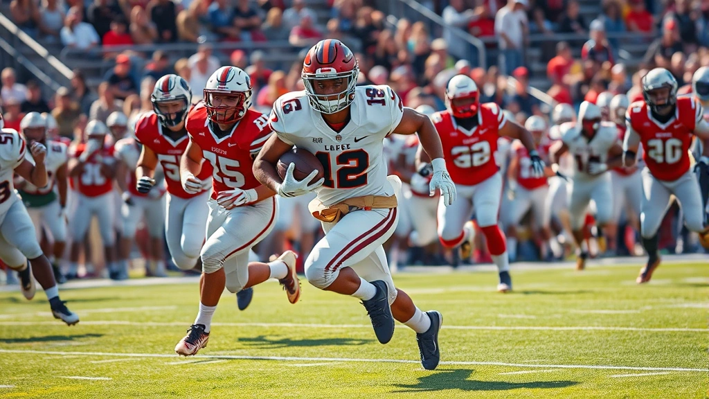 College football running back breaking through offensive line with explosive power, cutting upfield with ball security and speed, crowd energy visible in background