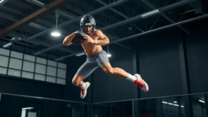 Professional football athlete performing explosive box jump in modern gym facility, intense focus, dynamic mid-air position, athletic wear, bright lighting