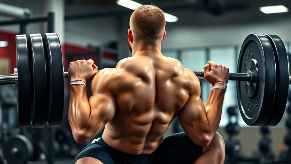 Muscular football player executing barbell back squat with perfect form, heavy weight loaded, concentrated expression, training facility background, realistic gym setting