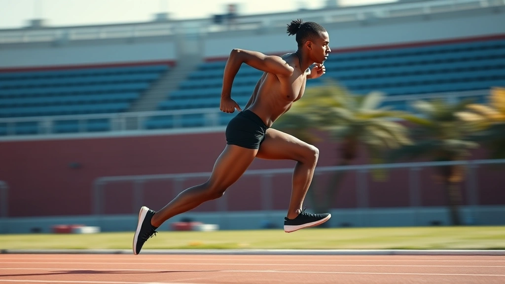 Elite athlete sprinting at full speed on outdoor track field, explosive first step, powerful leg drive, athletic physique, motion blur showing intensity, clear day