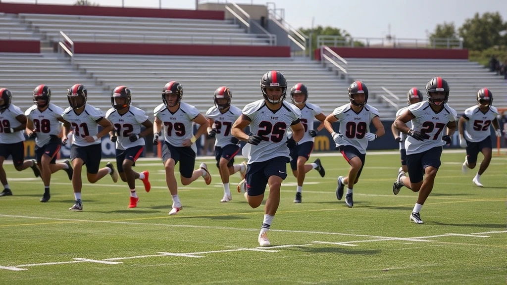 Football players executing team conditioning drills on field, multiple athletes sprinting in formation, outdoor stadium environment, high-intensity effort visible