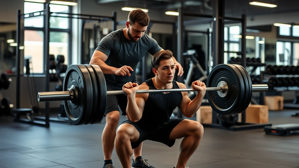 Strength coach spotting athlete performing heavy barbell squat in modern weight room, proper form demonstration, professional gym setting with equipment