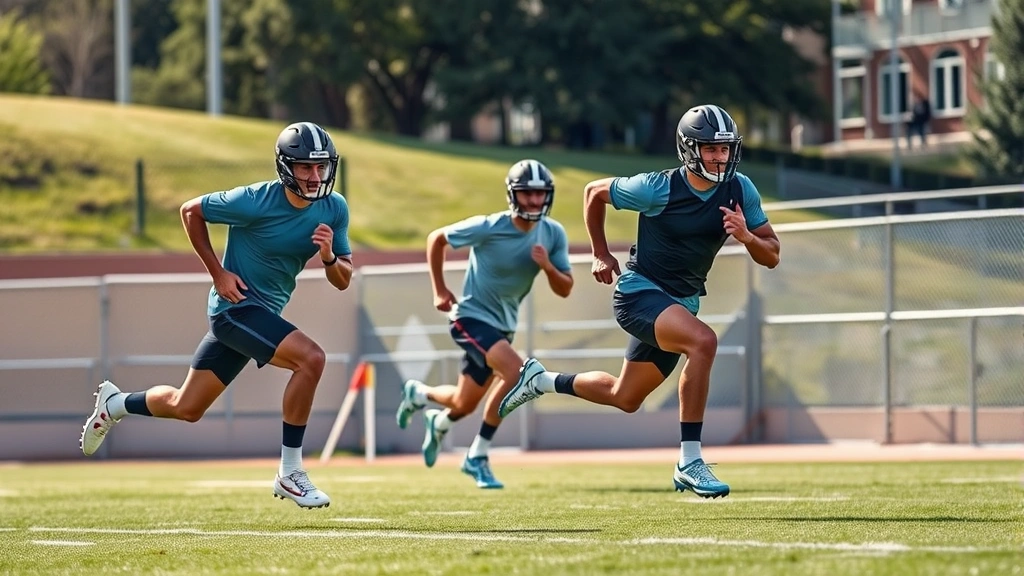 Football athletes sprinting on an outdoor grass field during high-intensity interval training, displaying maximum effort with perfect running mechanics and full stride extension