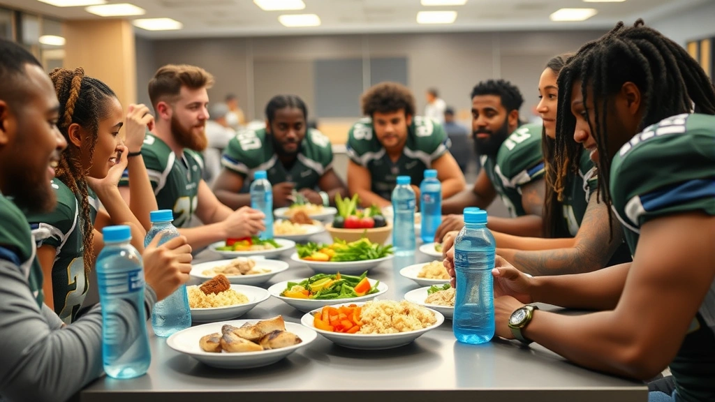 Diverse football team members eating nutritious meals together in a cafeteria, showing whole foods including grilled chicken, brown rice, vegetables, and hydration bottles representing post-workout recovery