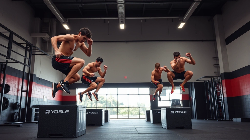 Athletes executing explosive box jumps and plyometric drills with maximum power and athleticism in training facility