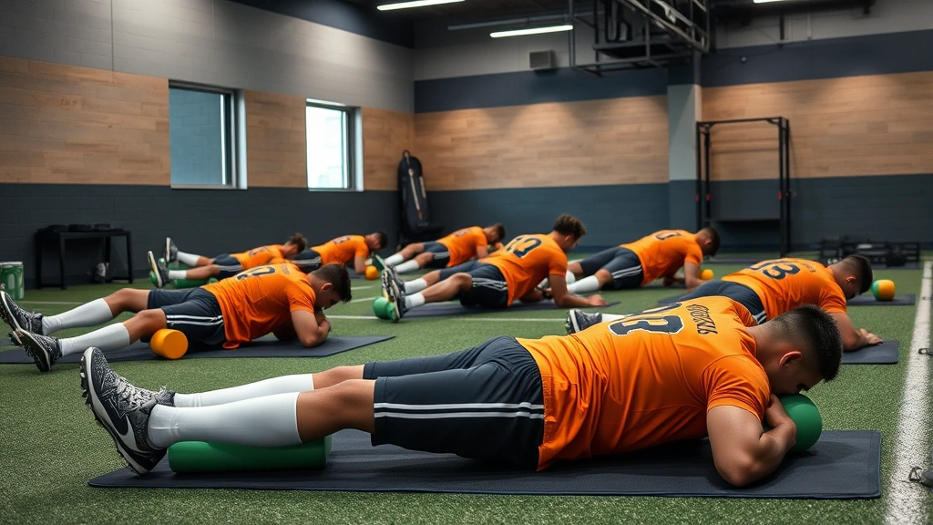 Football team recovering together with foam rolling, stretching, and mobility work in modern athletic recovery center