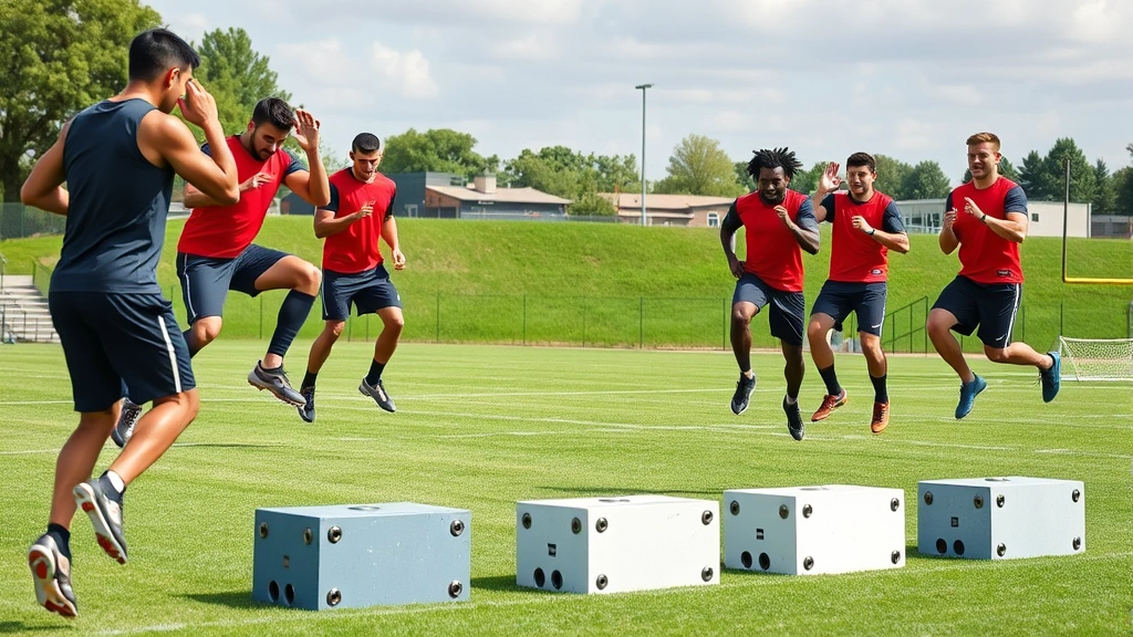 Football players performing plyometric box jump drills together outdoors on grass field during team strength conditioning session, multiple athletes mid-jump demonstrating power