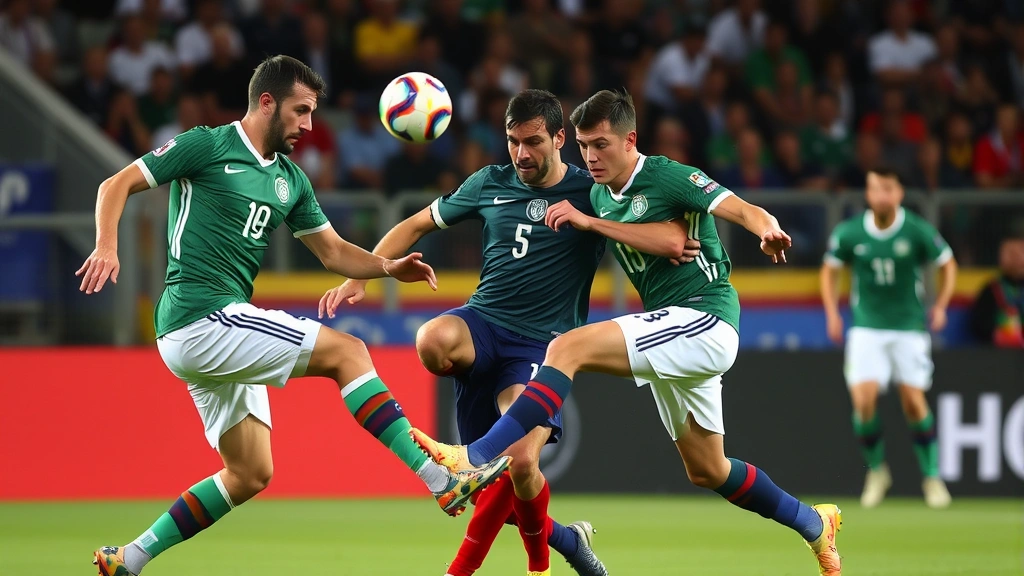 Elite international footballers from Norway and Italy competing for possession during friendly or qualifying match, dynamic physical contest, professional-level athleticism, international match context