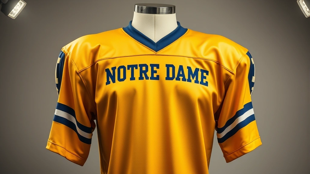 Vintage gold and blue Notre Dame football jersey displayed on professional mannequin in museum-quality lighting, showing authentic stitching and era-specific construction details, photorealistic studio setting